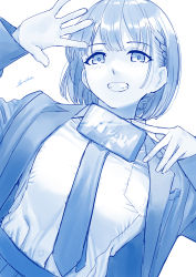 Rule 34 | 1girl, ai-chan (tawawa), blue theme, breasts, cellphone, clenched teeth, commentary request, getsuyoubi no tawawa, highres, kaedeko (kaedelic), large breasts, looking at viewer, monochrome, necktie, phone, shirt, short hair, signature, simple background, sketch, smile, solo, teeth, upper body, white background