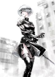 Rule 34 | 1girl, black blindfold, black dress, black footwear, black thighhighs, blindfold, boots, breasts, city, cleavage, cleavage cutout, clothing cutout, covered eyes, dress, facing to the side, frown, grey hair, highres, holding, holding sword, holding weapon, kaeru no papa, medium breasts, mole, mole under mouth, nier:automata, nier (series), open hand, ruins, short hair, solo, sword, thigh boots, thighhighs, weapon, 2b (nier:automata)