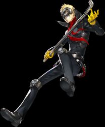 Rule 34 | 10s, 1boy, ascot, atlus, blonde hair, full body, gloves, knee pads, lead pipe, looking at viewer, male focus, mask, official art, persona, persona 5, popped collar, sakamoto ryuuji, smile, soejima shigenori, solo, transparent background, weapon, yellow gloves