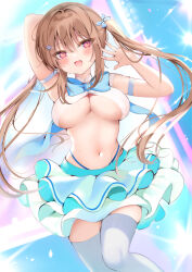 Rule 34 | 1girl, :d, arm behind head, arm up, blue bow, blue panties, blue skirt, blush, bow, breasts, brown hair, commentary request, feet out of frame, hair between eyes, hair bow, highleg, highleg panties, large breasts, layered skirt, looking at viewer, navel, open mouth, original, panties, pleated skirt, pon (ponidrop), red eyes, skindentation, skirt, smile, solo, thighhighs, twintails, underboob, underwear, white thighhighs