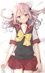 Rule 34 | 1girl, bed sheet, blush, bow, brown eyes, closed mouth, commentary request, dated, female focus, from above, hair between eyes, highres, inui sajuna, long hair, looking at viewer, lying, neki (wakiko), on back, pink hair, pleated skirt, red sailor collar, red skirt, sailor collar, school uniform, serafuku, shirt, short sleeves, signature, skirt, solo, sono bisque doll wa koi wo suru, sweater vest, two side up, white shirt, yellow bow