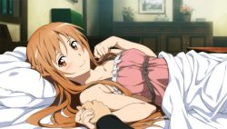 Rule 34 | 10s, 1girl, asuna (sao), bed, blanket, blush, brown eyes, brown hair, game cg, holding hands, long hair, looking at viewer, lying, nightgown, pillow, pov, smile, solo, solo focus, sword art online, sword art online: hollow fragment