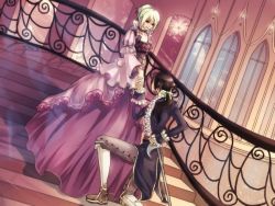 Rule 34 | 2girls, a line gown, androgynous, blonde hair, brown hair, choker, crossdressing, dress, dutch angle, frills, gown, kneeling, multiple girls, original, ponytail, puffy sleeves, reverse trap, stairs, sword, trap, victorian, weapon, zuowen