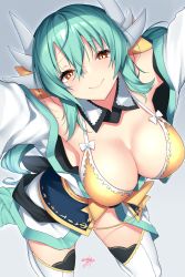 Rule 34 | 1girl, bare shoulders, bikini, blush, bow, breasts, cleavage, closed mouth, detached collar, dragon girl, dragon horns, fate/grand order, fate (series), green hair, hair between eyes, hair bow, highres, horns, japanese clothes, kimono, kiyohime (fate), kiyohime (fate/grand order), kiyohime (swimsuit lancer) (fate), kiyohime (swimsuit lancer) (first ascension) (fate), large breasts, long hair, looking at viewer, nebusoku, obi, open clothes, open kimono, sash, sidelocks, slit pupils, smile, solo, swimsuit, thighs, white kimono, white legwear, yellow bikini, yellow bow, yellow eyes