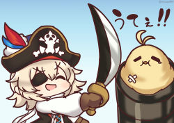 Rule 34 | 1girl, azur lane, bird, black cape, black headwear, blonde hair, blue background, brown gloves, cannon, cape, chick, closed eyes, coat, commentary request, eyepatch, gloves, hair between eyes, hat, holding, holding sword, holding weapon, long sleeves, manjuu (azur lane), official alternate costume, oklahoma (azur lane), oklahoma (piratey transformation!) (azur lane), open clothes, open coat, open mouth, pirate costume, pirate hat, senhayama (racoon), shirt, short hair, sidelocks, simple background, sleeveless, sleeveless coat, smile, standing, sword, translation request, twitter username, upper body, weapon