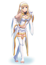 Rule 34 | 1girl, blonde hair, blue eyes, blush, breasts, cleavage, cleavage cutout, closed mouth, clothing cutout, evelysse (star ocean), full body, gloves, hand on own hip, index finger raised, koko (koko3), large breasts, long hair, looking at viewer, miniskirt, navel, simple background, skirt, smile, solo, star ocean, star ocean anamnesis, thighhighs, white background, white gloves, white skirt