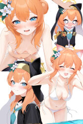 absurdres animal_ears areola_slip belly bikini blue_archive blue_eyes blush breasts cat_ears cat_girl cat_tail chibi closed_mouth collarbone covered_erect_nipples flower frown girl_on_top groin habit hair_bun halo hand_in_own_hair hanging_breasts happy hat hat_flower headpat highres long_hair looking_at_viewer mako_(makoda) mari_(blue_archive) medium_breasts navel neckerchief nun open_mouth orange_hair sailor_collar see-through_clothes sideways_glance signature simple_background small_breasts smile solo sweat swimsuit tail tearing_up trinity_general_school_logo upper_body white_background white_flower white_sailor_collar yellow_halo