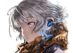 Rule 34 | 1girl, bad id, bad pixiv id, blue hair, brown eyes, brown scarf, cable, chibi, close-up, earphones, gorilla (mushimushiland), grey hair, hologram, long hair, looking to the side, mini person, minigirl, on shoulder, open mouth, original, parted lips, portrait, scarf, short hair, simple background, single earbud, solo, upper body, white background