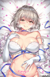 Rule 34 | 1girl, :q, blush, bottomless, bra, breasts, breasts apart, breath, cenangam, choker, elbow gloves, girls&#039; frontline, glint, gloves, grey hair, hair ornament, heavy breathing, large breasts, looking at viewer, lying, navel, on back, out-of-frame censoring, petals, pubic tattoo, ribbon, ribbon choker, short hair, solo, strap slip, tattoo, teardrop, tongue, tongue out, underwear, underwear only, vector (girls&#039; frontline), white bra, white gloves, yellow eyes