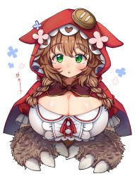 Rule 34 | 1girl, a5g7a5d8, animal ears, animal hands, blush, braid, breasts, brown hair, cleavage, cloak, commentary request, flower, highres, hood, hooded cloak, large breasts, looking at viewer, medium hair, nijisanji, open clothes, ribbon, solo, transparent background, twin braids, virtual youtuber, warabeda meiji, warabeda meiji (1st costume), warabeda meijii