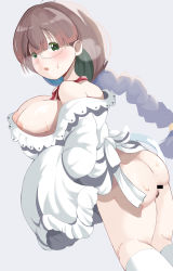 Rule 34 | 1girl, absurdres, alternate breast size, areola slip, ass, bar censor, blush, bonkareohagi, braid, braided ponytail, breasts, brown hair, censored, do it yourself!!, glasses, green eyes, highres, hikage takumi, large breasts, looking at viewer, no bra, no panties, open mouth, pubic hair, pussy, solo, sweat, thighhighs, thighs, white background, white thighhighs