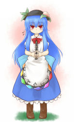 Rule 34 | 1girl, :&lt;, blue hair, boots, female focus, food, fruit, hat, hinanawi tenshi, long hair, nice (artist), peach, red eyes, solo, standing, sweat, touhou