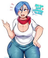 Rule 34 | 1girl, angry, blue eyes, blue hair, breasts, bulma, chikkibug, cleavage, denim, dragon ball, earrings, english text, female focus, gold earrings, hand on own hip, highres, jeans, jewelry, large breasts, looking at viewer, open mouth, pants, pointing, shirt, short hair, simple background, solo, teeth, thick thighs, thighs, white background, white shirt, wide hips