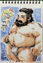 Rule 34 | 1boy, ?, bara, beard, big belly, blush, brown hair, bulge, cowboy shot, cropped legs, dated, dungeon meshi, dwarf, facial hair, fake horns, fat, fat man, full beard, fundoshi, helmet, highres, horned helmet, horns, japanese clothes, kano (kano to10), large pectorals, looking at viewer, male focus, marker (medium), mature male, mustache, navel, navel hair, nipples, notice lines, official alternate hairstyle, pectorals, photo (medium), senshi (dungeon meshi), solo, sparse arm hair, sparse chest hair, sparse navel hair, standing, stomach, strongman waist, thick beard, thick eyebrows, thick mustache, thick thighs, thighs, topless male, traditional media, tying fundoshi