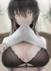 Rule 34 | 1girl, bangosu, black bra, black hair, blurry, blurry background, bra, breasts, cleavage, clothes lift, depth of field, hair over eyes, highres, lace, lace-trimmed bra, lace trim, large breasts, lifted by self, lingerie, long hair, looking at viewer, mouth hold, original, shirt, shirt lift, solo, speech bubble, translation request, underwear, upper body, white shirt, yellow eyes
