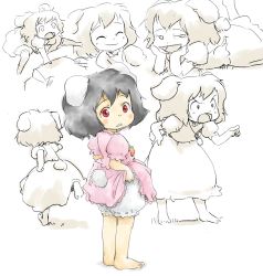Rule 34 | 1girl, angry, animal ears, barefoot, bloomers, child, clothes lift, expressions, feet, female focus, inaba tewi, jumping, looking back, lying, monochrome, multiple views, ohyo, rabbit ears, running, skirt, skirt lift, smile, standing, tail, toes, touhou, underwear, white bloomers