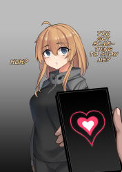 Rule 34 | 1boy, 1girl, ahoge, black shorts, blonde hair, blue eyes, breasts, cellphone, english text, gradient background, greenopi, grey background, hair between eyes, highres, holding, holding phone, indie virtual youtuber, jacket, large breasts, long hair, long sleeves, looking at viewer, mole, mole under eye, phone, pov, pov hands, shorts, smartphone, solo focus, virtual youtuber, whiskey project