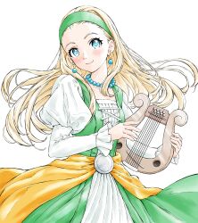 Rule 34 | 1girl, absurdres, bead necklace, beads, blonde hair, blue eyes, closed mouth, commentary request, dragon quest, dragon quest xi, dress, earrings, floating clothes, floating hair, green dress, green hairband, hair slicked back, hairband, harp, head tilt, highres, holding harp, instrument, jewelry, juliet sleeves, long hair, long sleeves, looking at viewer, momo oddeye, necklace, puffy sleeves, senya (dq11), smile, solo, white background