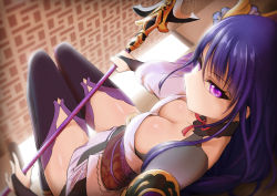 Rule 34 | 1girl, braid, breasts, bridal gauntlets, capelet, cleavage, commentary, commentary request, english commentary, flower, genshin impact, hair ornament, highres, holding, holding polearm, holding spear, holding weapon, japanese clothes, kimono, large breasts, long hair, looking at viewer, polearm, purple eyes, purple flower, purple hair, raiden shogun, ribbon, royboy, sash, shiny skin, solo, spear, thighhighs, weapon