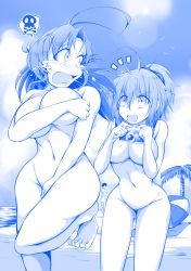 Rule 34 | 1boy, 2girls, :d, absurdres, aoba (kancolle), beach, beach towel, beach umbrella, blue theme, blush, breasts, camera, cleavage, cloud, coconut, coconut tree, covering privates, covering breasts, covering crotch, cowlick, crying, crying with eyes open, feet, hair ornament, highres, kantai collection, kinugasa (kancolle), large breasts, lens flare, long hair, looking at another, looking back, medium breasts, monochrome, multiple girls, navel, nude, nude beach, open mouth, outdoors, palm tree, public indecency, short hair, skull and crossbones, sky, smile, spoken skull and crossbones, standing, tears, toes, toes up, towel, tree, ugono takenoko, umbrella, water