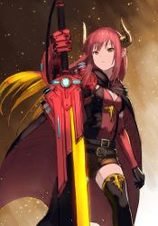 Rule 34 | 1girl, bad id, bad pixiv id, black cape, black gloves, black thighhighs, blonde hair, breasts, cape, cleavage, cowboy shot, demon horns, embers, gloves, gradient eyes, gradient hair, highres, holding, holding sword, holding weapon, horns, long hair, looking at viewer, mechanical arms, medium breasts, multicolored eyes, multicolored hair, original, pointy ears, power sword, red cape, red eyes, red hair, short shorts, shorts, single mechanical arm, solo, sword, thighhighs, wasabi60, weapon, yellow eyes