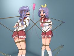 Rule 34 | 00s, 2girls, arms behind back, ball gag, bdsm, blue eyes, bondage, bound, bound together, bow, box tie, chain, collar, crotch rope, femuto, forced partners, gag, gagged, hiiragi kagami, hiiragi tsukasa, knotted rope, long hair, lucky star, multiple girls, predicament bondage, purple hair, rope, school uniform, serafuku, sex toy, shibari, short hair, siblings, sisters, slave, socks, standing, thighs, bound together, twins, twintails, vibrator, white socks, yellow bow