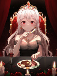 Rule 34 | 1girl, absurdres, alcohol, bare shoulders, black dress, blush, breasts, candle, chair, cherry tomato, collarbone, commentary request, cup, curtains, dress, drinking glass, eating, flower, food, fork, grin, hand up, highres, holding, holding fork, holding knife, knife, korean commentary, light particles, looking at viewer, meat, medium breasts, nail polish, necktie, original, petals, red eyes, red flower, red nails, red rose, rose, short sleeves, silver hair, smile, solo, steak, strapless, strapless dress, table, tiara, tomato, wine, wine glass, yulha 06