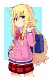 Rule 34 | 1girl, :|, ahoge, aqua background, bad id, bad pixiv id, bag, blonde hair, blue eyes, bow, bowtie, carrying bag, carrying over shoulder, closed mouth, commentary, cowboy shot, fr33, gabriel dropout, gabriel tenma white, hair flaps, hand in pocket, highres, hood, hoodie, long hair, messy hair, open collar, pink hoodie, pleated skirt, school bag, skirt, solo