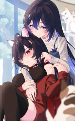 Rule 34 | 2girls, absurdres, ahoge, animal ears, bare shoulders, black choker, black hair, black shirt, black thighhighs, black undershirt, blush, breasts, cat, cat choker, cat ears, choker, eyes visible through hair, frown, hair between eyes, hair ornament, hand in another&#039;s hair, hand up, heart, heart in eye, highres, holding another&#039;s wrist, honkai (series), honkai impact 3rd, large breasts, looking ahead, looking at another, multicolored hair, multiple girls, nagonako, purple eyes, purple hair, red hair, red sweater, see-through, seele (alter ego), seele vollerei, shirt, sidelocks, sitting, skindentation, smile, streaked hair, sweater, symbol in eye, thighhighs, thighs, turtleneck, white cat, white shirt
