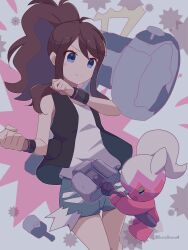 Rule 34 | 1girl, 343rone, absurdres, antenna hair, black vest, black wristband, blue eyes, blush stickers, brown hair, clenched hands, closed eyes, closed mouth, commentary request, creatures (company), eyelashes, game freak, grey shorts, hammer, high ponytail, highres, hilda (pokemon), holding, long hair, nintendo, open clothes, open mouth, open vest, pokemon, pokemon (creature), pokemon bw, shirt, short shorts, shorts, sleeveless, sleeveless shirt, smile, split mouth, tinkatuff, vest, watermark, white shirt, wristband