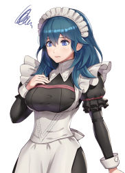 Rule 34 | 1girl, alternate costume, apron, blue eyes, blue hair, breast conscious, breasts, byleth (female) (fire emblem), byleth (fire emblem), cowboy shot, enmaided, fire emblem, fire emblem: three houses, framed breasts, gonzarez, hair between eyes, hand on own chest, highres, lips, long hair, long sleeves, maid, maid apron, maid headdress, medium breasts, nintendo, puffy long sleeves, puffy sleeves, simple background, solo, white background