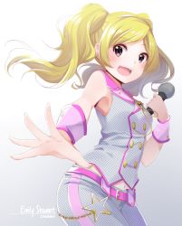 Rule 34 | 10s, 1girl, artist name, belt, blonde hair, blush, chain, character name, chiiririn, emily stewart, female focus, gradient background, holding, holding microphone, idolmaster, idolmaster million live!, looking at viewer, microphone, midriff, million dreams (idolmaster), navel, open mouth, pink eyes, sleeveless, solo, star (symbol), twintails