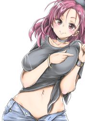 Rule 34 | 1girl, bangle, black choker, black shirt, blush, bracelet, breasts, chikado, choker, collarbone, colored eyelashes, commentary request, cowboy shot, denim, female pubic hair, forehead, groin, hair between eyes, hair strand, hands up, hecatia lapislazuli, highres, huge breasts, jeans, jewelry, lips, long hair, looking at viewer, midriff, navel, no panties, open fly, pants, pink eyes, pink hair, pink lips, pointing, pubic hair, shirt, short sleeves, simple background, smile, solo, stomach, tied shirt, touhou, watch, white background, wristwatch