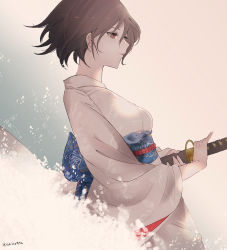 Rule 34 | 1girl, bad id, bad pixiv id, blue background, breasts, brown eyes, brown hair, commentary request, cowboy shot, expressionless, fighting stance, floating hair, from side, gradient background, half-closed eyes, highres, holding, holding sheath, holding sword, holding weapon, japanese clothes, kara no kyoukai, katana, kimono, long sleeves, looking away, looking down, medium breasts, multicolored background, obi, parted lips, pink background, print kimono, print sash, ready to draw, ryougi shiki, sash, scabbard, sheath, shino (mufn5785), short hair, solo, standing, sword, twitter username, weapon, white kimono, wide sleeves, wind