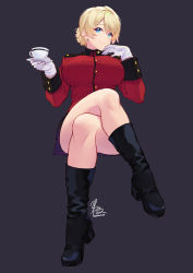 Rule 34 | 1girl, absurdres, blonde hair, blue eyes, boots, braid, breasts, crossed legs, cup, darjeeling (girls und panzer), female focus, french braid, full body, girls und panzer, gloves, highres, impossible clothes, impossible jacket, invisible chair, jacket, kimi tsuru, large breasts, lips, looking at viewer, saucer, short hair, simple background, sitting, skirt, smile, solo, st. gloriana&#039;s military uniform, teacup, white gloves