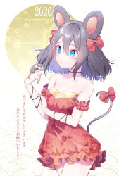 Rule 34 | 1girl, 2020, animal, animal ears, animal on hand, bare shoulders, blue eyes, bow, breasts, chinese zodiac, chitetan, cleavage, collarbone, commentary request, dress, floral print, grey hair, hair between eyes, hair bow, long hair, mouse (animal), mouse ears, mouse girl, mouse tail, original, print dress, red bow, red dress, small breasts, solo, strapless, strapless dress, tail, tail bow, tail ornament, translation request, year of the rat