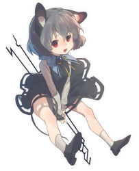 Rule 34 | 1girl, animal ears, dowsing rod, full body, grey hair, long sleeves, looking at viewer, misti, mouse ears, mouse tail, nazrin, open mouth, red eyes, ribbon, shirt, shoes, short hair, simple background, skirt, skirt set, smile, socks, solo, tail, touhou, vest, white background, white socks