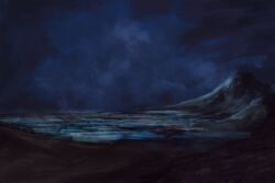 Rule 34 | absurdres, aerial (aerial 30), blue sky, cloud, cloudy sky, dark background, highres, hill, mountain, night, no humans, ocean, original, paint, painting (medium), shore, sky, traditional media, water
