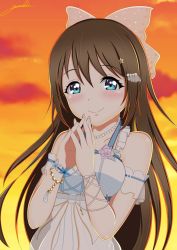 Rule 34 | 1girl, anata no risou no heroine, aqua bow, aqua eyes, arm garter, arm ribbon, artist name, artist request, blue eyes, blush, bow, bracelet, breasts, brown hair, cloud, collarbone, cross-laced clothes, cross-laced dress, day, dress, drop earrings, earrings, female focus, fingers together, flower, flower bracelet, frilled dress, frilled straps, frills, hair between eyes, hair bobbles, hair bow, hair ornament, hairclip, halter dress, halterneck, highres, index fingers together, jewelry, long hair, looking at viewer, love live!, love live! nijigasaki high school idol club, love live! school idol festival, medium breasts, necklace, orange skirt, osaka shizuku, outdoors, own hands together, parted lips, pearl bracelet, pearl necklace, pink flower, pleated dress, ponytail, puffy short sleeves, puffy sleeves, purple flower, purple rose, ribbon, rose, see-through, see-through dress, shell hair ornament, short sleeves, skirt, sky, smile, solo, star (symbol), star hair ornament, striped, upper body, vertical stripes, white bow, white dress, wrist flower