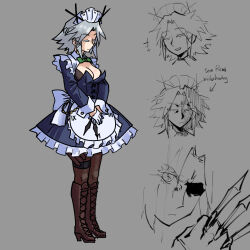 Rule 34 | 1girl, adapted costume, apron, boots, breasts, brown footwear, cleavage, closed eyes, commentary, english commentary, english text, gloves, grey background, grey hair, highres, izayoi sakuya, kaibootsu, large breasts, long sleeves, maid, maid apron, maid headdress, multiple views, short hair, simple background, touhou, waist apron, white apron, white gloves