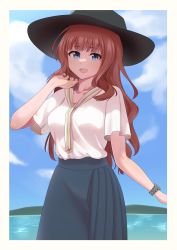 Rule 34 | 1girl, :d, absurdres, assault lily, black hat, black skirt, blue eyes, blue sky, blunt bangs, blurry, blurry background, border, breasts, brown hair, cloud, collarbone, commentary request, cowboy shot, day, fingernails, hand up, hat, high-waist skirt, highres, kaede johan nouvel, light blush, long hair, looking at viewer, medium breasts, neckerchief, ocean, open mouth, outdoors, outstretched hand, pleated skirt, saetusum, shade, shirt, shirt tucked in, short sleeves, sidelocks, skirt, sky, smile, solo, standing, striped neckerchief, sun hat, teeth, upper teeth only, watch, wavy hair, white border, white neckerchief, white shirt, wide sleeves, wristwatch