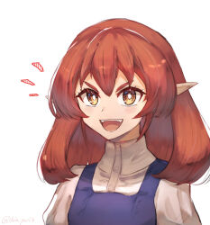 Rule 34 | 1girl, blue overalls, blush, buttons, collared shirt, commentary request, hair between eyes, helck, light smile, long hair, looking at viewer, notice lines, odd (hin yari), open mouth, orange eyes, overalls, pointy ears, red hair, shirt, simple background, solo, twitter username, vermilio (helck), white background, white shirt