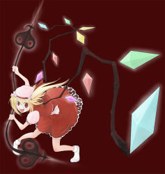 Rule 34 | 1girl, :d, bent over, blonde hair, crystal, dress, female focus, fighting stance, flandre scarlet, holding, holding weapon, itsukage, looking at viewer, open mouth, polearm, puffy short sleeves, puffy sleeves, red background, red dress, red eyes, short sleeves, simple background, smile, socks, solo, spear, touhou, weapon, wings