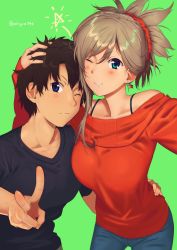 Rule 34 | 1boy, 1girl, alternate costume, aqua eyes, arm around waist, asymmetrical hair, black hair, black shirt, blue eyes, blue pants, blush, bra strap, breasts, brown hair, casual, collarbone, earrings, fate/grand order, fate (series), fujimaru ritsuka (male), green background, hair ornament, hand in another&#039;s hair, hand on own hip, height difference, jewelry, large breasts, long sleeves, looking at viewer, miyamoto musashi (fate), off-shoulder, off-shoulder sweater, off shoulder, one eye closed, pants, parted lips, poligon (046), ponytail, red sweater, ruffling hair, scrunchie, shirt, side-by-side, simple background, smile, sweater, twitter username, v