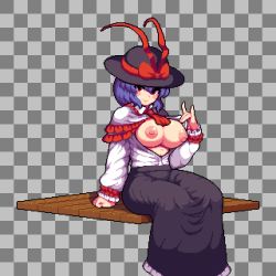 Rule 34 | 1girl, blue hair, breasts, breasts out, capelet, checkered background, frills, hat, hat ribbon, large breasts, long skirt, medium hair, mirukuro092, nagae iku, nipples, open clothes, open shirt, pixel art, red eyes, ribbon, sitting, skirt, smile, solo, touhou