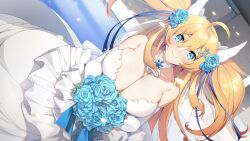 Rule 34 | 1girl, :&gt;, absurdres, alternate costume, artist request, blonde hair, blue eyes, breasts, bridal bouquet, bride, cleavage, covered navel, dress, earrings, elbow gloves, flower, gloves, high heels, highres, huge breasts, jewelry, lilith-soft, long hair, looking at viewer, nail polish, nude, official alternate costume, official art, onizaki kirara, simple background, taimanin (series), taimanin rpgx, twintails, wallpaper, wedding dress