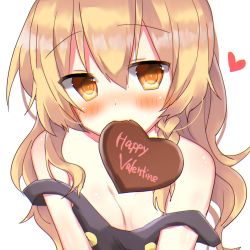 Rule 34 | 1girl, bad id, bad pixiv id, blonde hair, blush, breasts squeezed together, breasts, candy, chocolate, chocolate heart, commentary, english text, female focus, food, heart, highres, kirisame marisa, long hair, looking at viewer, mouth hold, no headwear, no headwear, rbtt, simple background, small breasts, solo, touhou, undressing, upper body, valentine, white background, yellow eyes