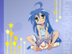 Rule 34 | 00s, 1girl, ahoge, bare shoulders, barefoot, blue hair, blush, buckle, character doll, feet, full body, green eyes, izumi konata, long hair, looking at viewer, lucky star, mole, mole under eye, overall shorts, overalls, pink hair, short hair, sitting, soles, solo, toes, very long hair