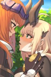 Rule 34 | 2girls, absurdres, arknights, bagpipe (arknights), blonde hair, blue sky, breasts, cloud, commentary, day, flower, food, green eyes, highres, holding, holding food, horns, large breasts, long hair, multiple girls, open mouth, orange hair, potato, radioneet, reed (arknights), reed the flame shadow (arknights), saliva, saliva trail, sky, tongue, tongue out, upper body, white flower, yuri