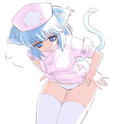 Rule 34 | 1girl, :o, animal ears, bent over, blue eyes, blue hair, blush, cat ears, cat tail, hat, inu777, matching hair/eyes, no nose, nurse, nurse cap, oouchi takadou, open mouth, original, panties, panty pull, short hair, simple background, solo, tail, thigh gap, thighhighs, underwear, undressing, white panties, white thighhighs